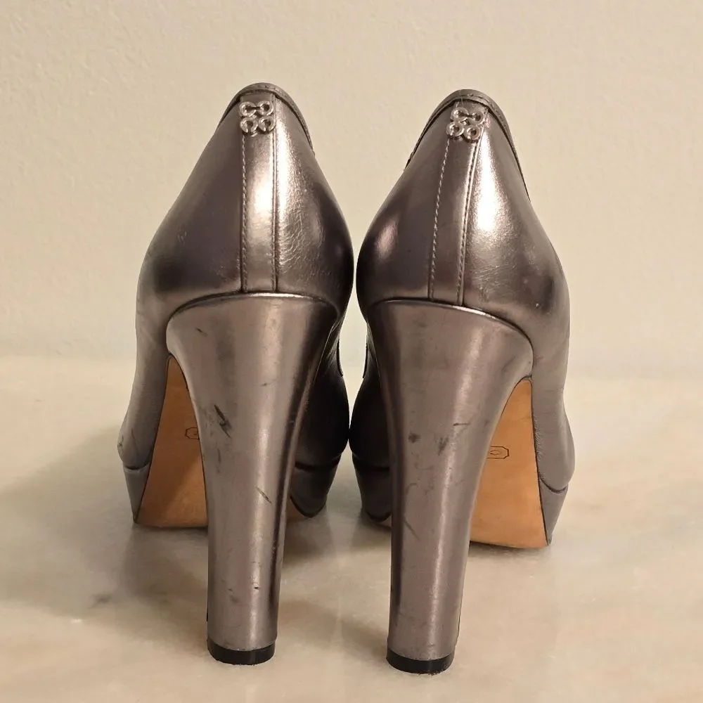 COACH Breana leather peep toe platform heels in pewter metallic 7.5